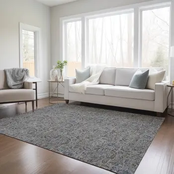 8' X 10' Khaki Taupe And Gray Floral Washable Indoor Outdoor Area Rug