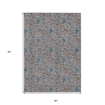 3' X 5' Brown And Blue Floral Washable Indoor Outdoor Area Rug