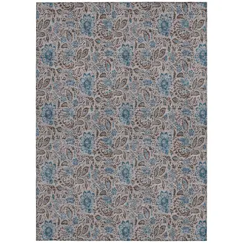 5' X 8' Brown And Blue Floral Washable Indoor Outdoor Area Rug