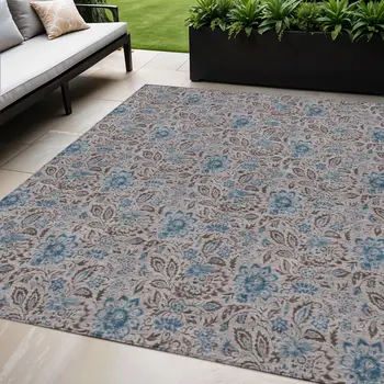 5' X 8' Brown And Blue Floral Washable Indoor Outdoor Area Rug