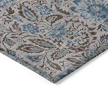 5' X 8' Brown And Blue Floral Washable Indoor Outdoor Area Rug