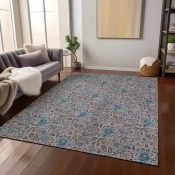 5' X 8' Brown And Blue Floral Washable Indoor Outdoor Area Rug