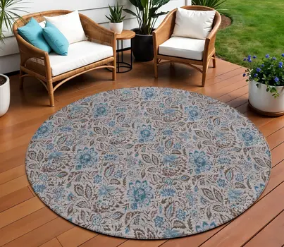 8' Brown And Blue Round Floral Washable Indoor Outdoor Area Rug