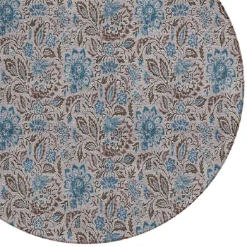 8' Brown And Blue Round Floral Washable Indoor Outdoor Area Rug