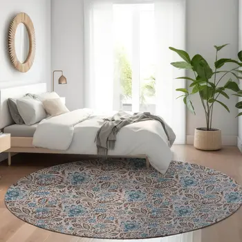 8' Brown And Blue Round Floral Washable Indoor Outdoor Area Rug