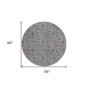 8' Brown And Blue Round Floral Washable Indoor Outdoor Area Rug