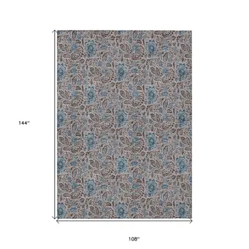 9' X 12' Brown And Blue Floral Washable Indoor Outdoor Area Rug