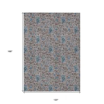 10' X 14' Brown And Blue Floral Washable Indoor Outdoor Area Rug