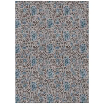 10' X 14' Brown And Blue Floral Washable Indoor Outdoor Area Rug