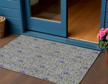3' X 5' Olive Green Sage And Purple Floral Washable Indoor Outdoor Area Rug