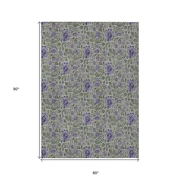 5' X 8' Olive Green Sage And Purple Floral Washable Indoor Outdoor Area Rug