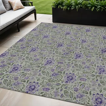 5' X 8' Olive Green Sage And Purple Floral Washable Indoor Outdoor Area Rug