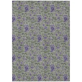5' X 8' Olive Green Sage And Purple Floral Washable Indoor Outdoor Area Rug
