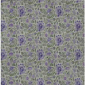 5' X 8' Olive Green Sage And Purple Floral Washable Indoor Outdoor Area Rug