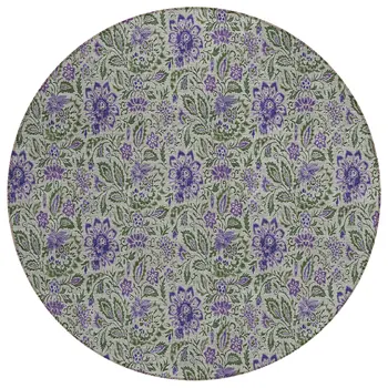 8' Olive Green Sage And Purple Round Floral Washable Indoor Outdoor Area Rug