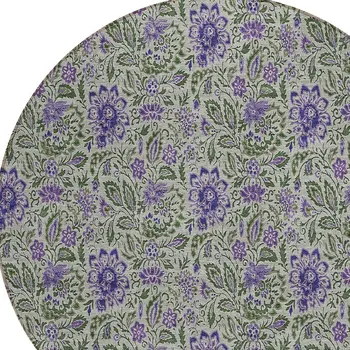 8' Olive Green Sage And Purple Round Floral Washable Indoor Outdoor Area Rug