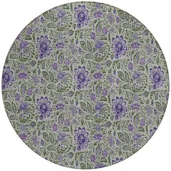 8' Olive Green Sage And Purple Round Floral Washable Indoor Outdoor Area Rug