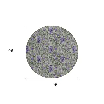 8' Olive Green Sage And Purple Round Floral Washable Indoor Outdoor Area Rug