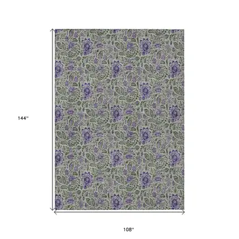 9' X 12' Olive Green Sage And Purple Floral Washable Indoor Outdoor Area Rug