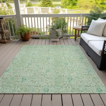 5' X 8' Sage And Artichoke Green Floral Washable Indoor Outdoor Area Rug