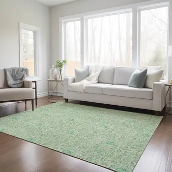 5' X 8' Sage And Artichoke Green Floral Washable Indoor Outdoor Area Rug