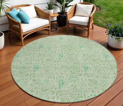 8' Sage And Artichoke Green Round Floral Washable Indoor Outdoor Area Rug