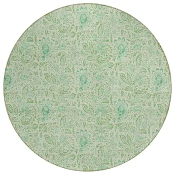 8' Sage And Artichoke Green Round Floral Washable Indoor Outdoor Area Rug