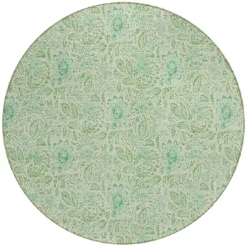 8' Sage And Artichoke Green Round Floral Washable Indoor Outdoor Area Rug