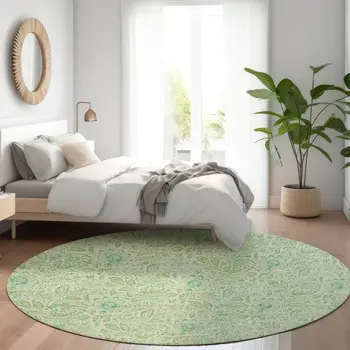 8' Sage And Artichoke Green Round Floral Washable Indoor Outdoor Area Rug