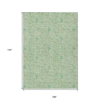 9' X 12' Sage And Artichoke Green Floral Washable Indoor Outdoor Area Rug