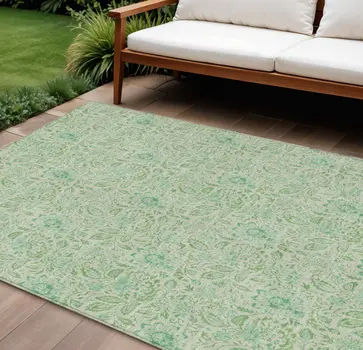 9' X 12' Sage And Artichoke Green Floral Washable Indoor Outdoor Area Rug