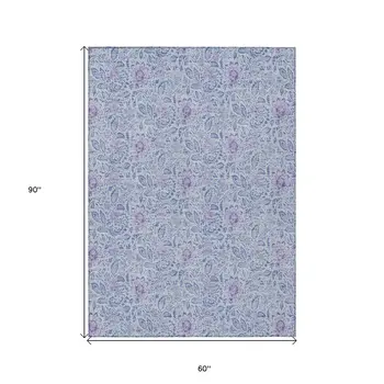 5' X 8' Sky Blue And Purple Floral Washable Indoor Outdoor Area Rug