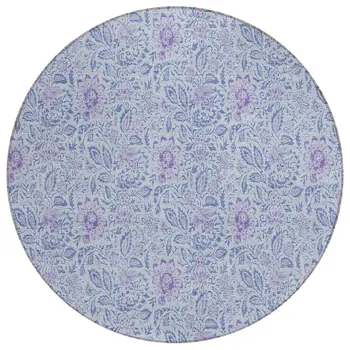 8' Sky Blue And Purple Round Floral Washable Indoor Outdoor Area Rug