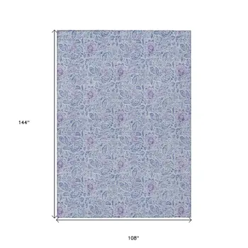9' X 12' Sky Blue And Purple Floral Washable Indoor Outdoor Area Rug