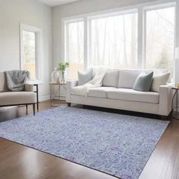 9' X 12' Sky Blue And Purple Floral Washable Indoor Outdoor Area Rug