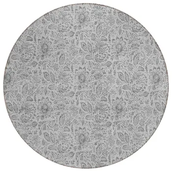8' Silver Gray And Charcoal Round Floral Washable Indoor Outdoor Area Rug
