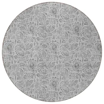 8' Silver Gray And Charcoal Round Floral Washable Indoor Outdoor Area Rug
