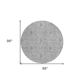 8' Silver Gray And Charcoal Round Floral Washable Indoor Outdoor Area Rug