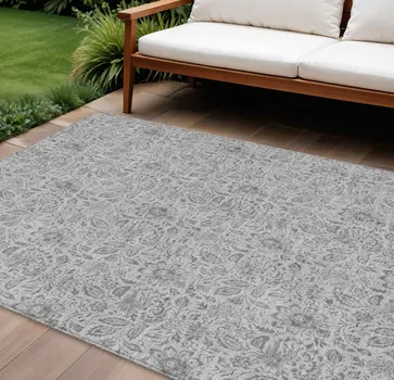 8' X 10' Silver Gray And Charcoal Floral Washable Indoor Outdoor Area Rug