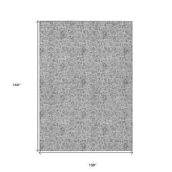 9' X 12' Silver Gray And Charcoal Floral Washable Indoor Outdoor Area Rug