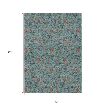 5' X 8' Teal Blue Brown And Taupe Floral Washable Indoor Outdoor Area Rug