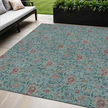 5' X 8' Teal Blue Brown And Taupe Floral Washable Indoor Outdoor Area Rug