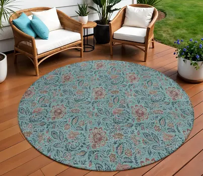 8' Teal Blue Brown And Taupe Round Floral Washable Indoor Outdoor Area Rug