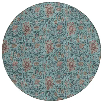 8' Teal Blue Brown And Taupe Round Floral Washable Indoor Outdoor Area Rug