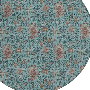 8' Teal Blue Brown And Taupe Round Floral Washable Indoor Outdoor Area Rug