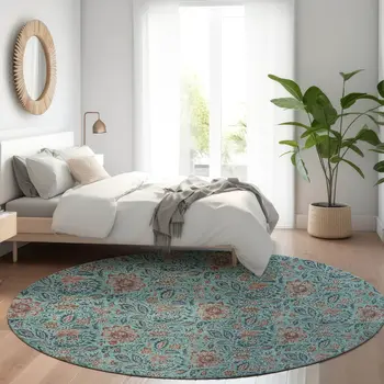 8' Teal Blue Brown And Taupe Round Floral Washable Indoor Outdoor Area Rug