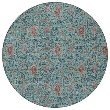 8' Teal Blue Brown And Taupe Round Floral Washable Indoor Outdoor Area Rug