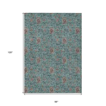 8' X 10' Teal Blue Brown And Taupe Floral Washable Indoor Outdoor Area Rug