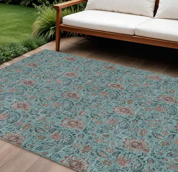 8' X 10' Teal Blue Brown And Taupe Floral Washable Indoor Outdoor Area Rug