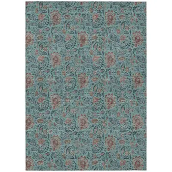 8' X 10' Teal Blue Brown And Taupe Floral Washable Indoor Outdoor Area Rug